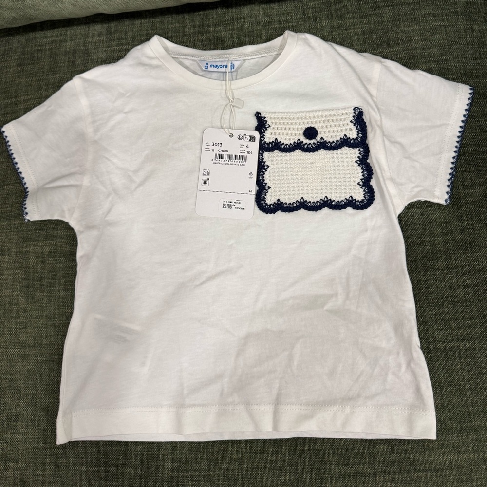 Mayoral White Short Sleeve Tee with Navy Crochet Pocket Detail